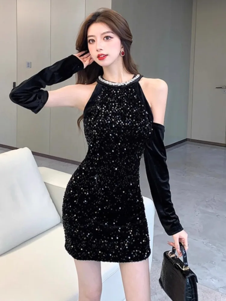 Ezgaga Mini Dresses Women Sequins Patchwork Halter Slim Autumn Winter Fashion French Style Chic Sexy Dress Party Clubwear