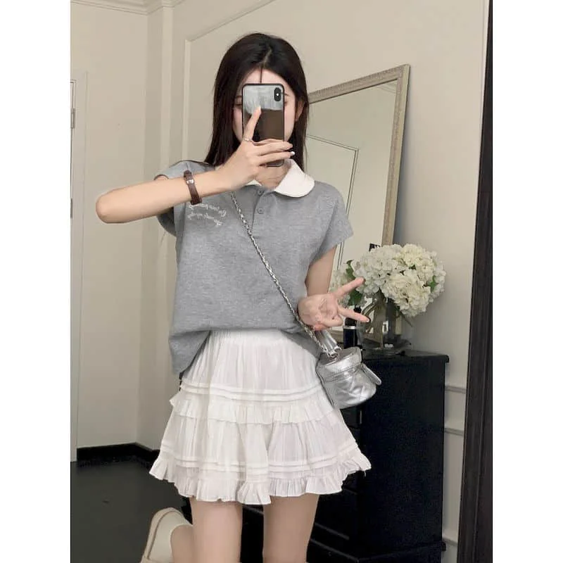 

Dress Sets Casual Summer New Korean Style Fashion Sweet Polo-neck Short Sleeve T-shirt and Skirts Two Piece Sets Women Outfits