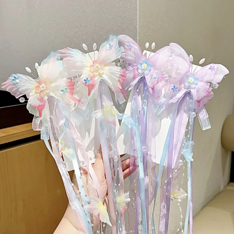 1 زوج طفل الفتيات Hanfu أغطية الرأس فراشة الشريط شرابة دبوس الشعر للأطفال النمط الصيني مشبك شعر إكسسوارات شعر الأميرة