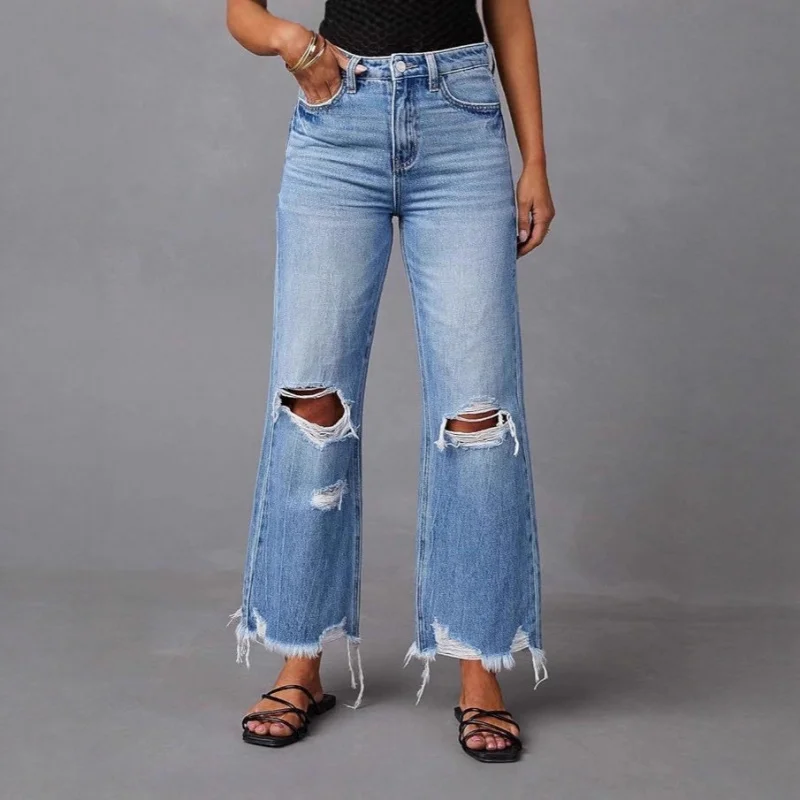 

High Waist Wide Leg Pants for Women Tassel Washed Tie Dyed Ripped Hole Straight Leg Casual Jeans 2026