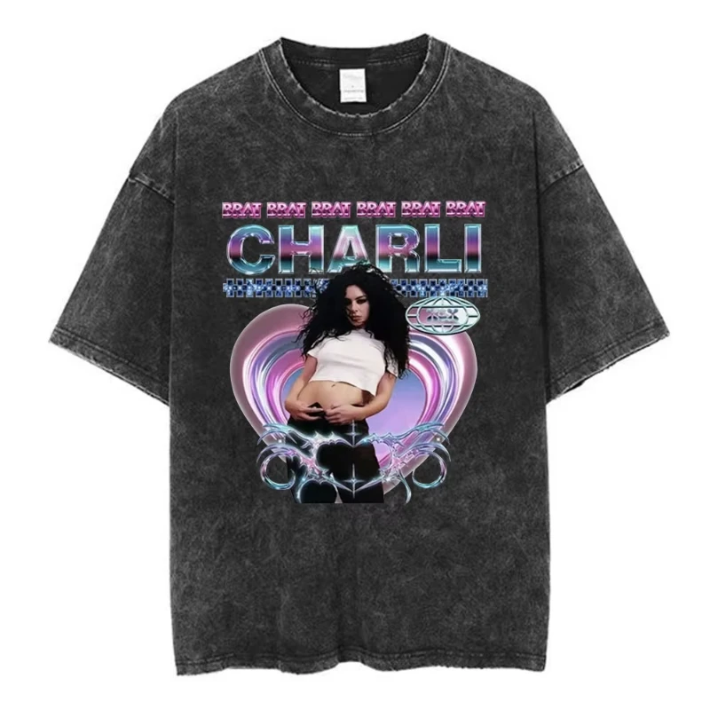 

Charli Xcx 365 Party Girl Brat Album Винтажная стираная футболка для мужчин и женщин модная футболка в стиле Харадзюку повседневные свободные футболки футболка