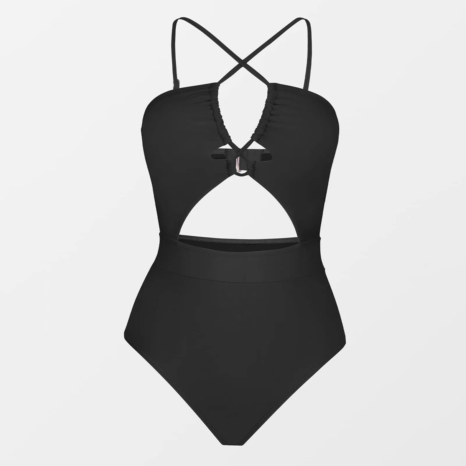 Cut Out Halter One-Piece Swimsuit For Women Sexy Push Up Drawstring Monokini Swimwear Black Blue Beach Bathing Suit Beachwear