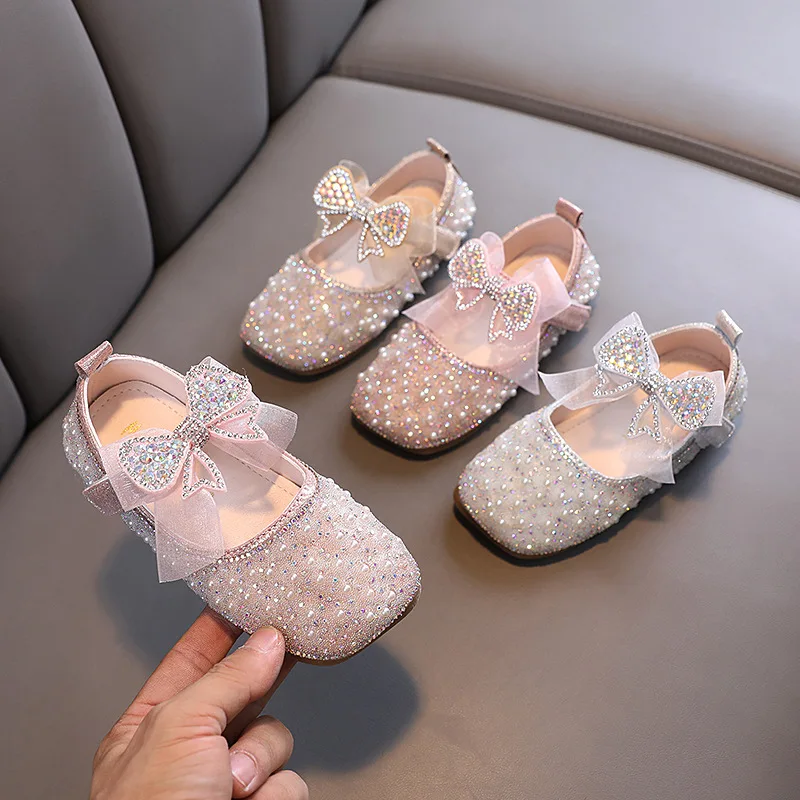 

Summer Girls Sandals Fashion Yarn Sequins Rhinestone Bow Children Princess Dance Party Shoes Baby Kids Flat Leather Shoes 21-36