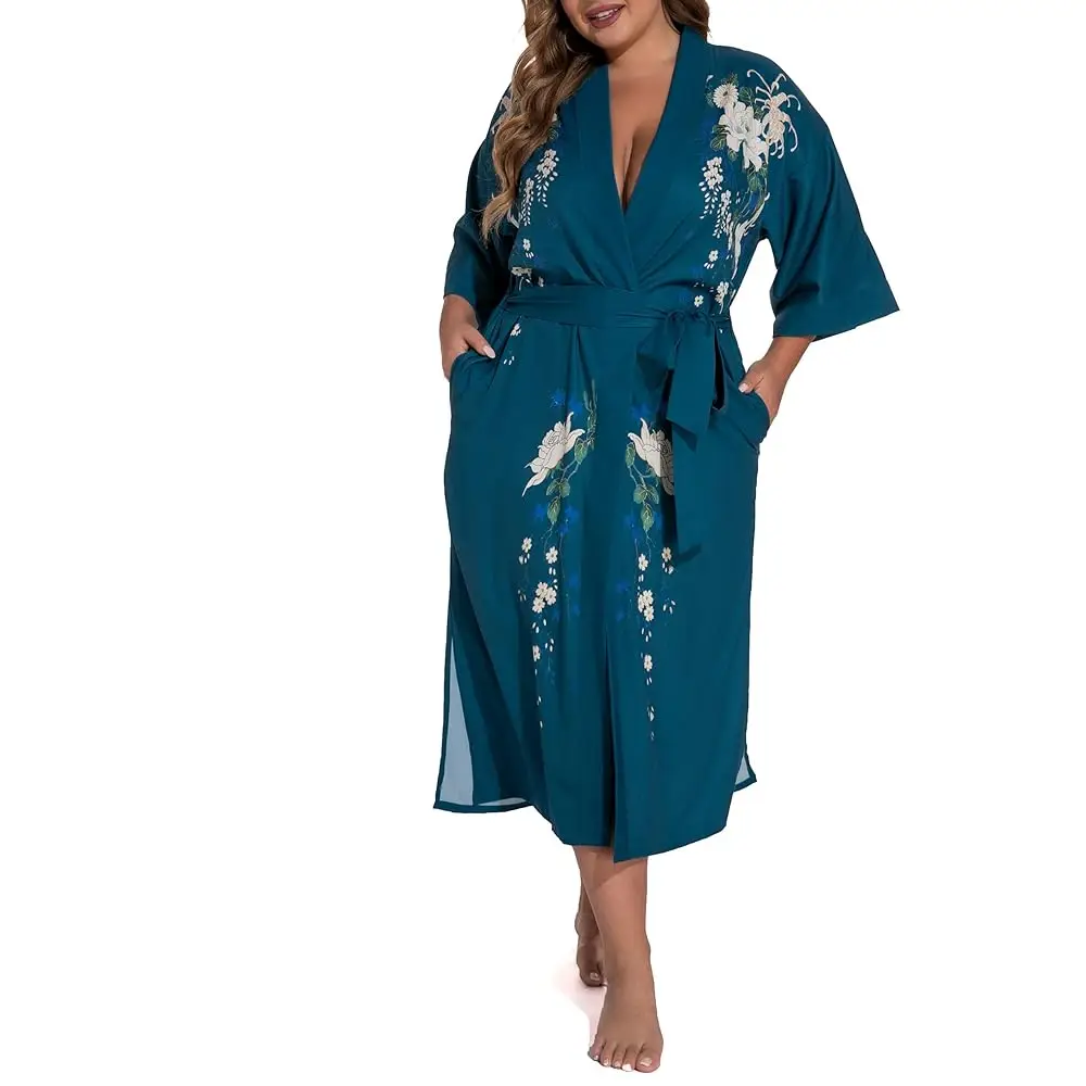 

- 808V - Plus Size Women's Kimono Long Robe - Vintage Floral (One-Size fits most US 1X 2X 3X)