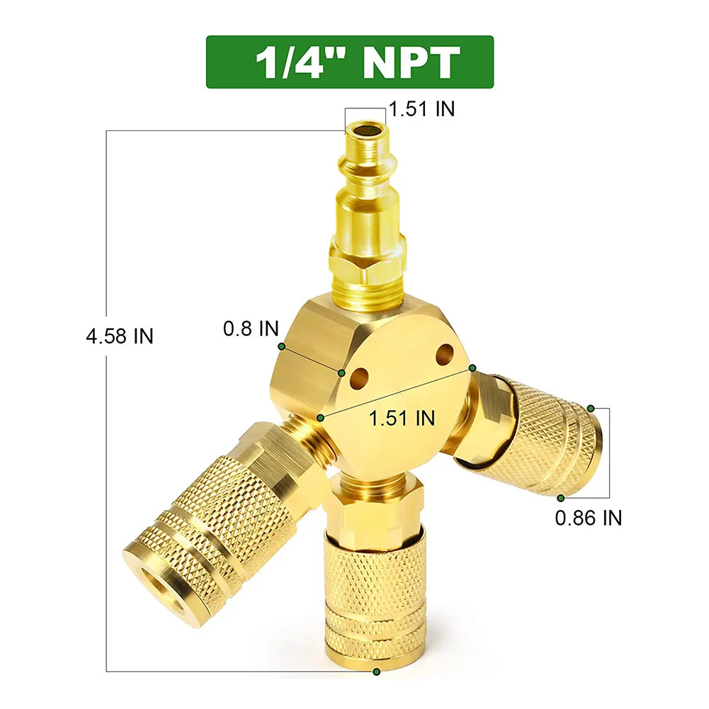 

3-ходовой быстроразъемный соединитель с 1/4 дюйма NPT для пневматических инструментов Надежный латунный воздушный коллектор со сменными муфтами