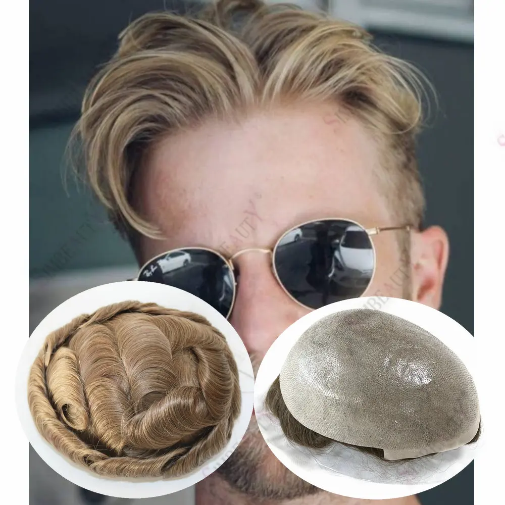 

Blonde Brwon Grey Permier Male Hair Prosthesis Thin 0.06mm Skin Toupee for Men 100% Human Hair Men's capillary prothesis Unit