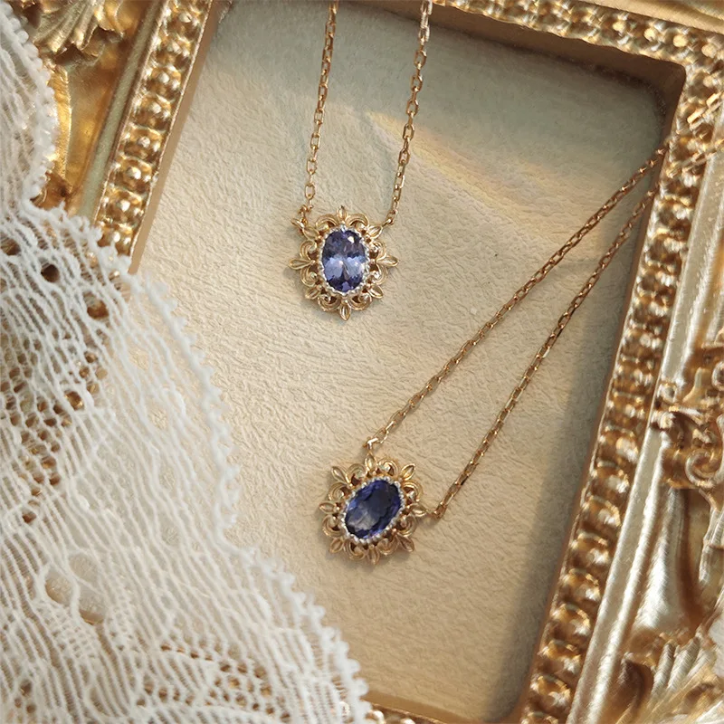 LAMOON Hollowed Lace Natrual Tanzanite Pendant Necklace For Women Vintage Aesthetic 925 Sterling Silver Gold Plated Fine Jewelry