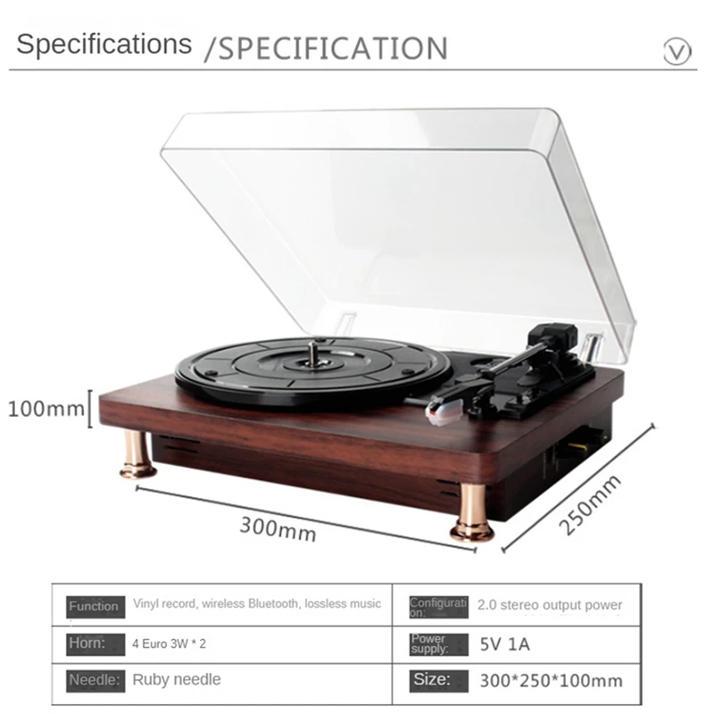 Retro Vinyl Record Player W/ Dustproof Cover Record Player 33/45/78RPM Turntables Gramophone Phonograph,EU Plug