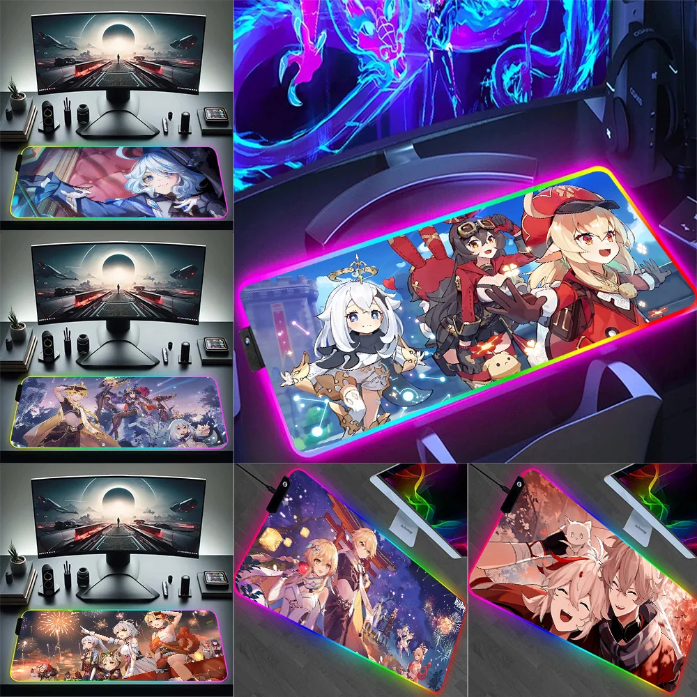 

Anime Game Genshin Impact RGB Pc Gamer Keyboard Mouse Pad Mousepad LED Glowing Mouse Mats Rubber Gaming Computer Mausepad