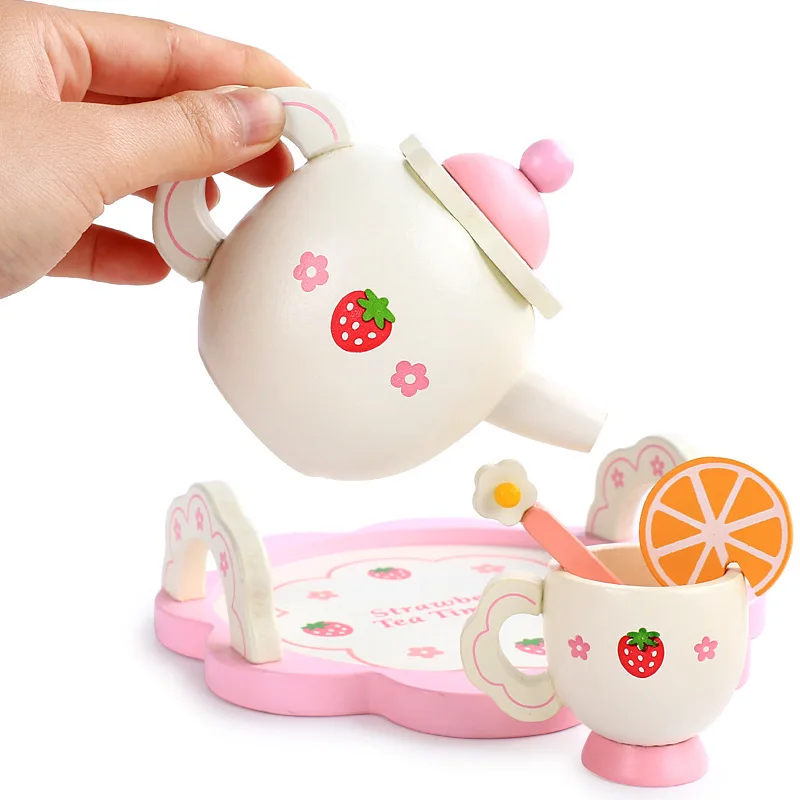 Simulated Tea Set Set White Strawberry Girl Wooden Playing House Puzzle Mini Kitchen Toys Kids Christmas And New Year Gifts