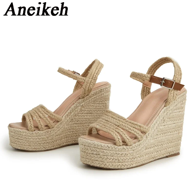 Aneikeh Summer Fashion Trend Narrow Band Braid Buckle Strap Gladiator Wedge Platform Wedge Sandals Women's Heel Shoes 36-43 view 4