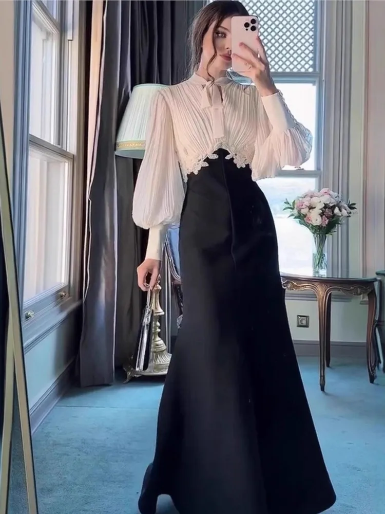 

Autumn New Woman 2 Piece Set Outfit Contrast Long-sleeved Tops High-waisted Skirt Two-piece Set Solid Color Trendy Temperament
