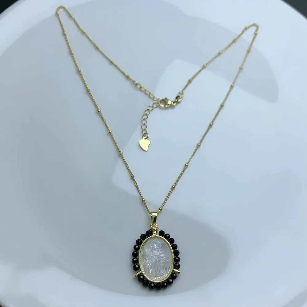 

Holy Virgin Mary Necklace Women Natural Stone Beads Sea Shell Lapis Lazuli Medal Pendant Religion Jewelry For Mother's Day