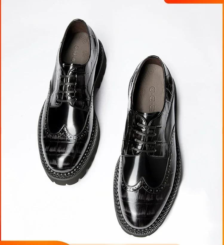 

Men's Business Formal Shoes Thick Soled Genuine Leather Lace Up Carved Block Casual Leather Shoes