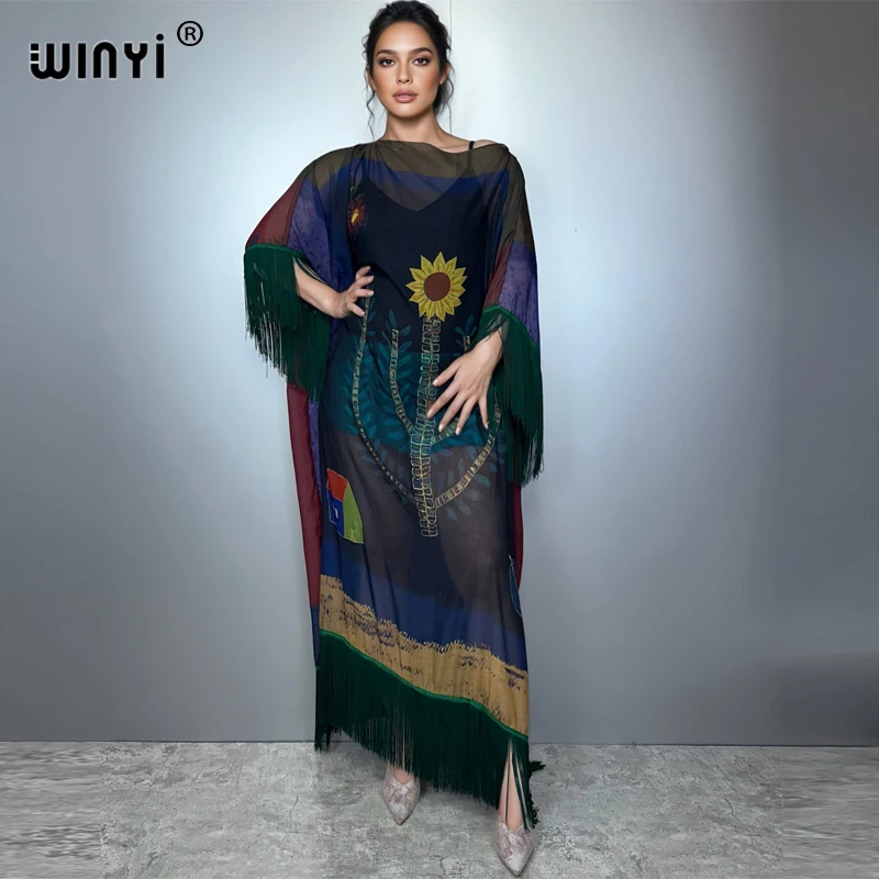 

WINYI sexy fringed dress holiday party dress abaya dubai luxury muslim woman fashion open front kaftan beach wear cover up