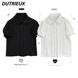 Japanese Style Sweet Casual Shirt Lace Hollow Out Short Sleeve Blouse Summer Women's Top Fashion Blusas Femininas Elegantes