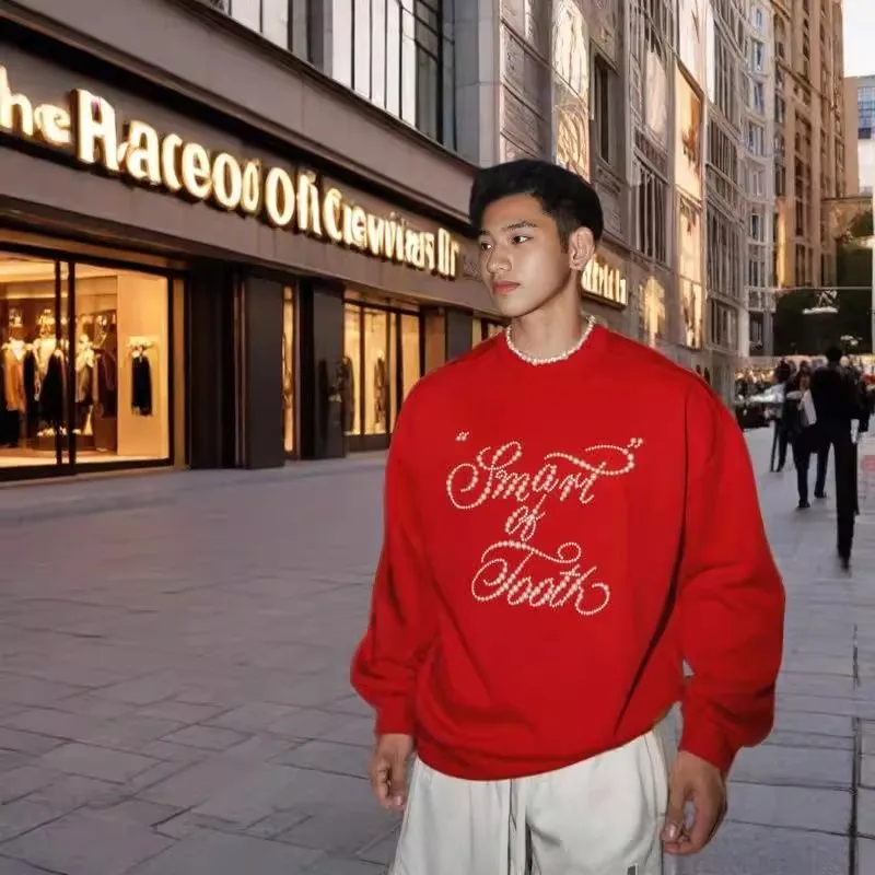 

Мужская толстовка оверсайз с капюшоном, утепленная флисом, повседневная уличная одежда, красный свитшот с надписью, удобный теплый топ для осени и зимы