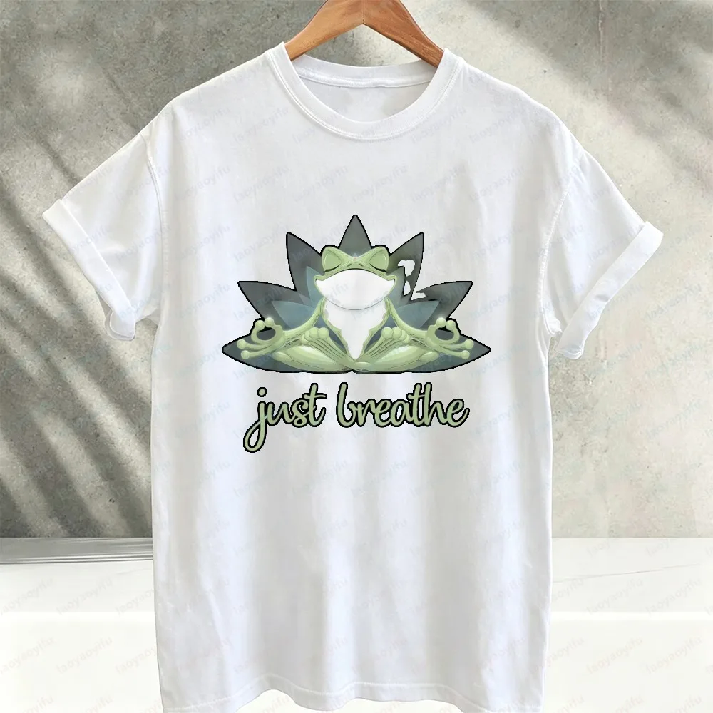 Just Breathe Yoga Frog White Lotus Flower Graphic T‑Shirt Calm Meditation Spiritual Animal Cotton Casual Loose Streetwear Tees