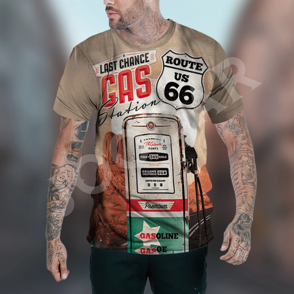 Route 66 Gas Station Men\'s Vintage Print Casual Short Sleeve T-Shirt