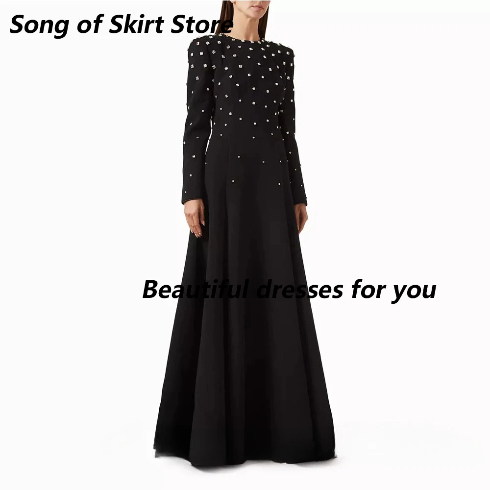 فستان سهرة أسود مخصص بياقة دائرية وأكمام طويلة على شكل حرف A من الجيرسيه مطرز بالخرز فساتين سهرة فاخرة بطول الأرض فستان رسمي للحفلات #3