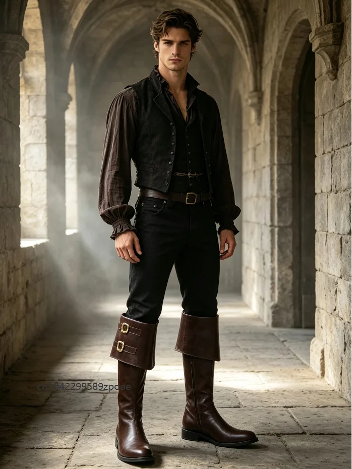 Mens Captain Pirate Costume Boots Double Buckle Turn Down Cuff Tall Boot Medieval Pu Leather Halloween Cosplay Footwear Shoes