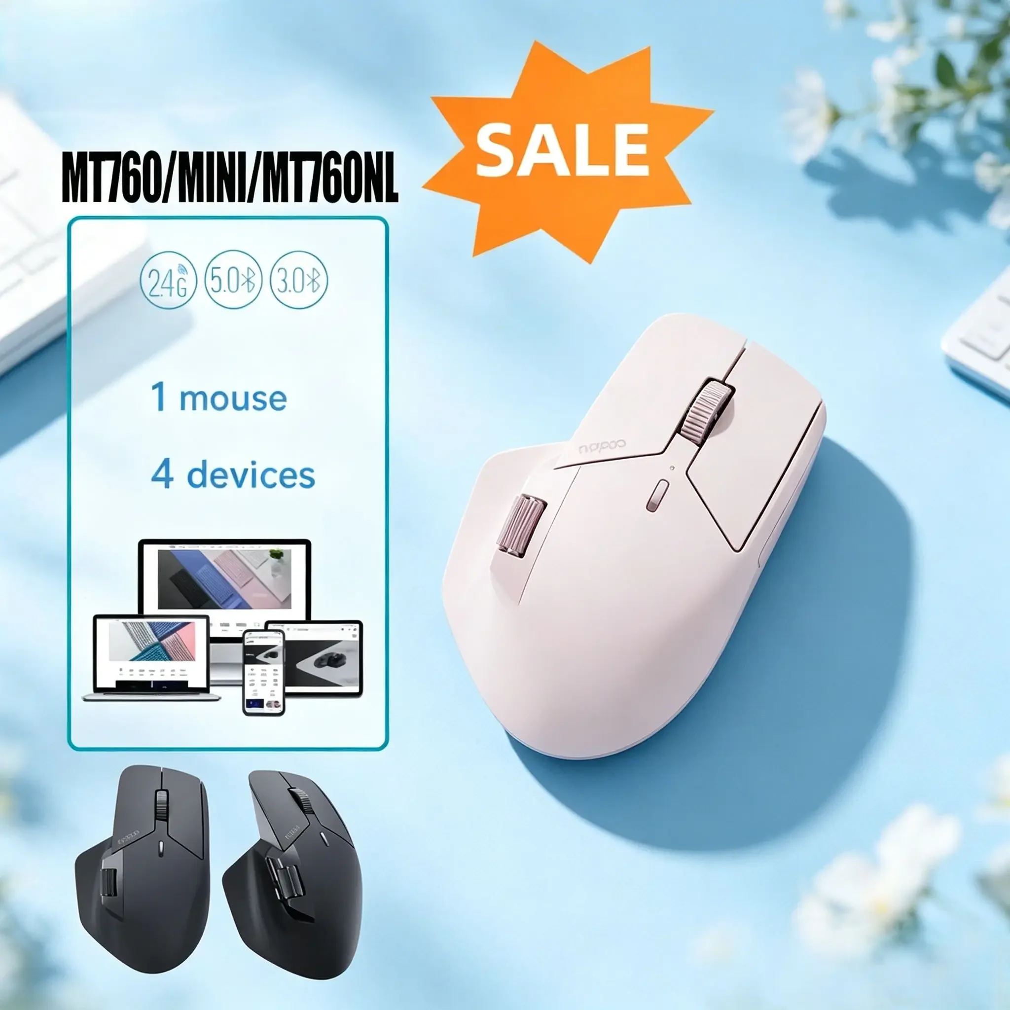 2026 Rapoo MT760 Mini Ergonomic Rechargeable Mouse, Multi-mode Bluetooth & Wireless, 4000 DPI, Multi-Device Connection