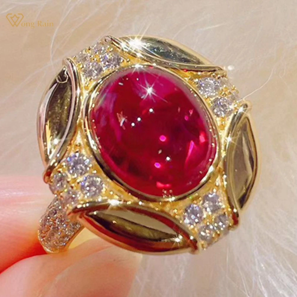 

Wong Rain Vintage 18K Gold Plated 925 Sterling Silver Oval Ruby High Carbon Diamond Gemstone Cocktail Party Ring Fine Jewelry