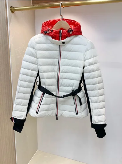 New Winter Women\'s White Duck Down Outdoor Color Matching Hooded Thickened Waist Closing Ski Suit