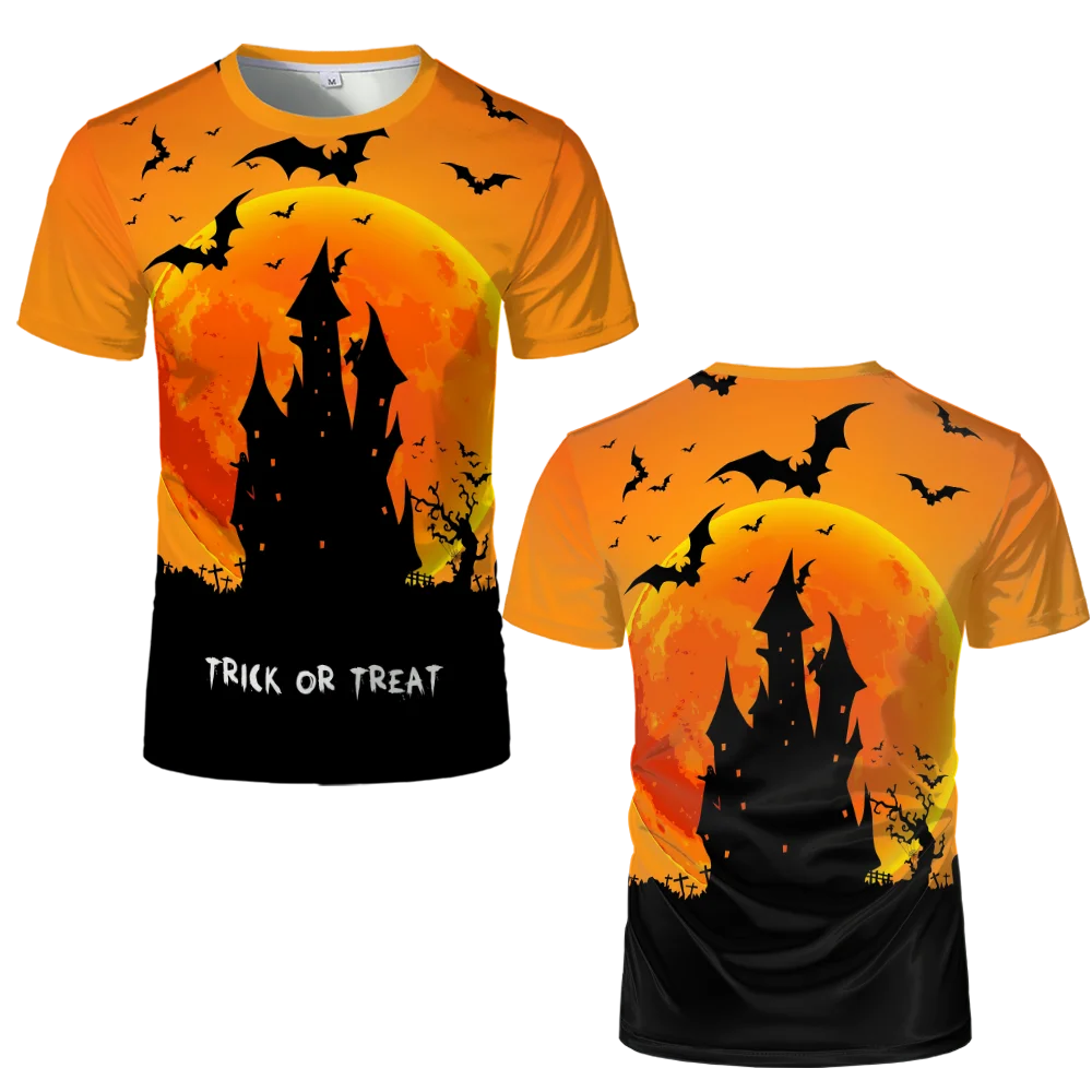 Camiseta de manga corta con estampado de castillo de calabaza, divertida, para fiesta de Halloween, informal, moderna, de secado rápido, transpirable, unisex.