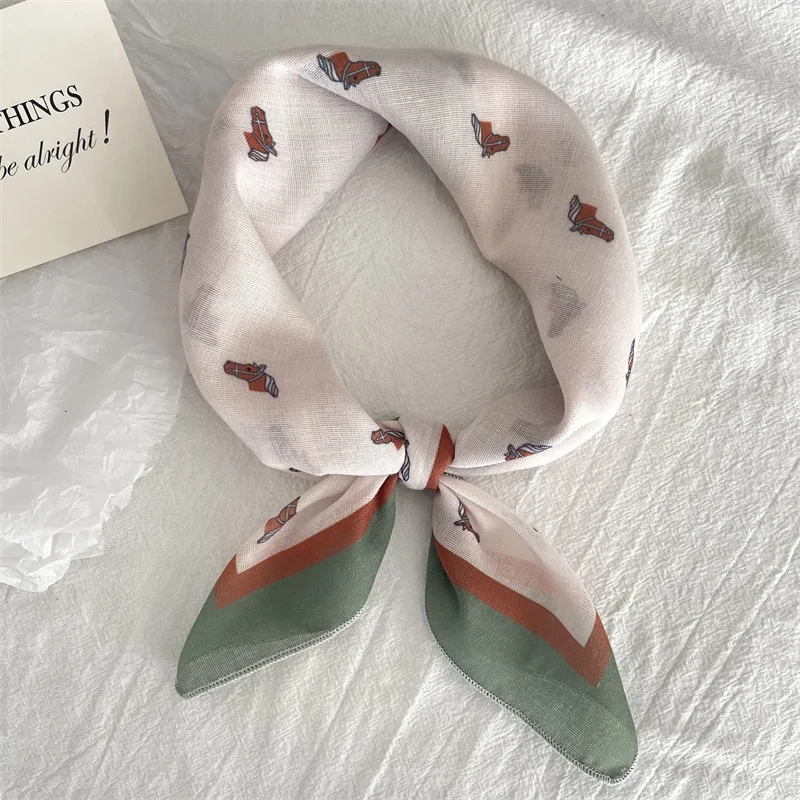 Cotton Korean Simple Cute Horse for Women Fruits Printed Square Hair Scarf Headband Summer Accessories Lovely Neckerchief