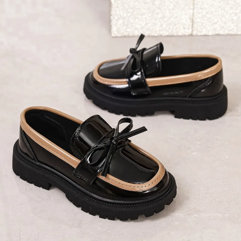 Children Leather Shoes Simple Bows Slip-on Kids Flat Shoes Round Toes 2026 Brand New Girls Princess Shoes Comfortable