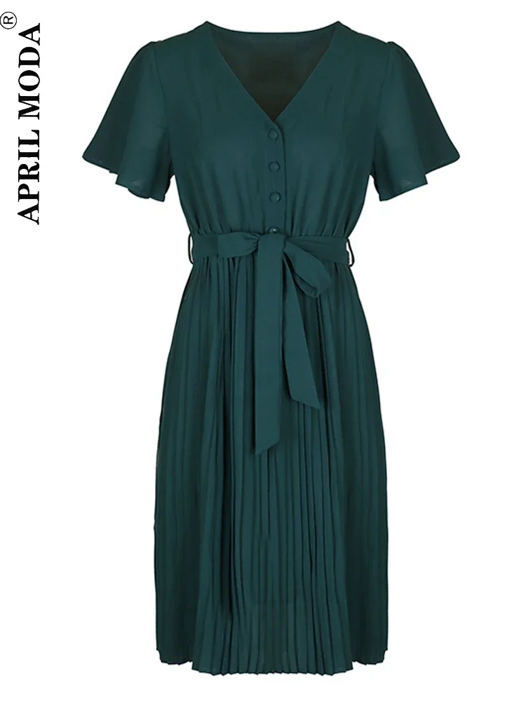 2023 Summer Vintage Pleated Dress Green Short Sleeve Single Breasted French Style 50s 60s Swing Runway Party Dresses With Belt