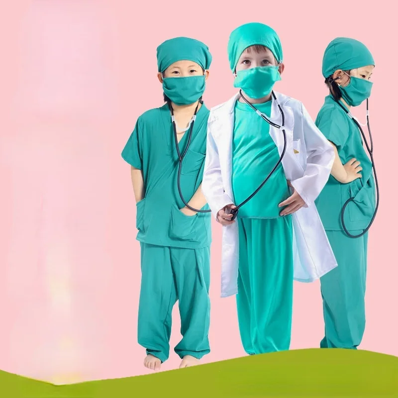 موضوع حفلة تنكرية تظهر دور اللعب المهنية معاطف للأطباء والممرضات الأبيض الأخضر دعوى تنورة طفل صبي فتاة تأثيري زي الهالوين