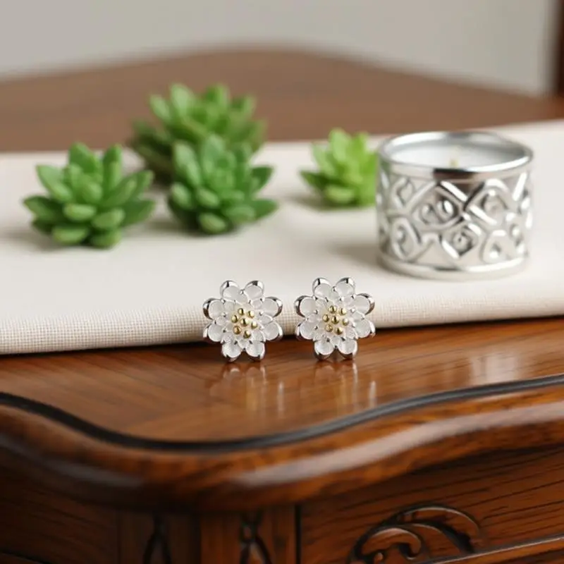 Elegant 925 Sterling Silver Lotus Flower Stud Earrings for Women Girls Engagement Party Fashion Jewelry Gifts Accessory