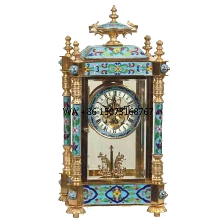 Solid Brass Vintage  Antique Gilt 19th  French Style 15 Days Mechanical Movement  Floral Blue Cloisonne Enamel Table/Desk Clock