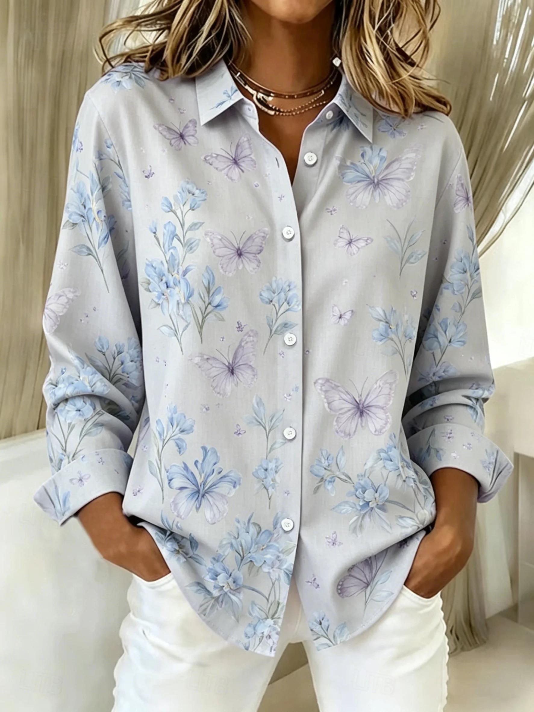 Women's Long Sleeve Butterfly Floral Print Button Down Casual Shirt Elegant Daily Blouse Tops in Gray for Spring Summer