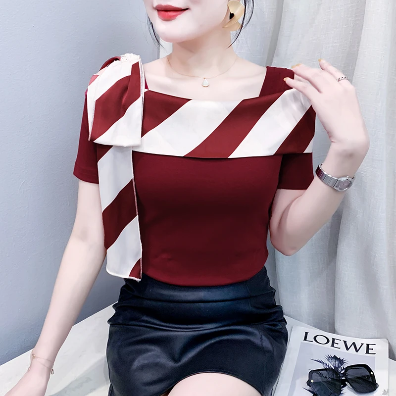 

Summer 2025 New Fashion Trendy Off-Shoulder Short Sleeve T-Shirt - Slim Fit Women's Cotton Top with Stylish Design
