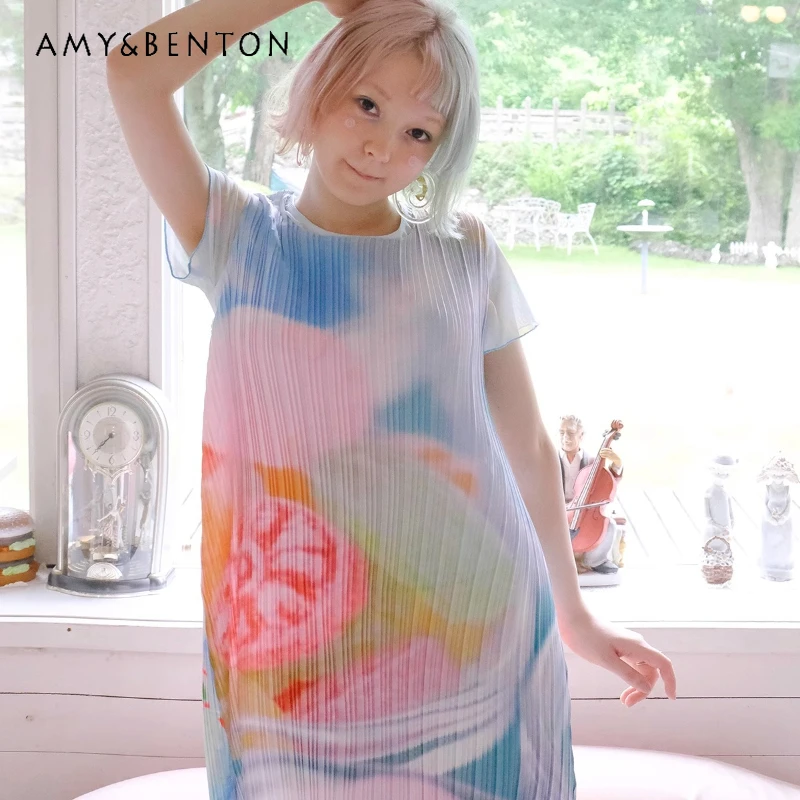 

Japanese Summer Women's Cute Blue Sleeveless Cartoon Print Pleated Thin Dress Soft Girl Crew Neck Medium And Long Vest Dresses