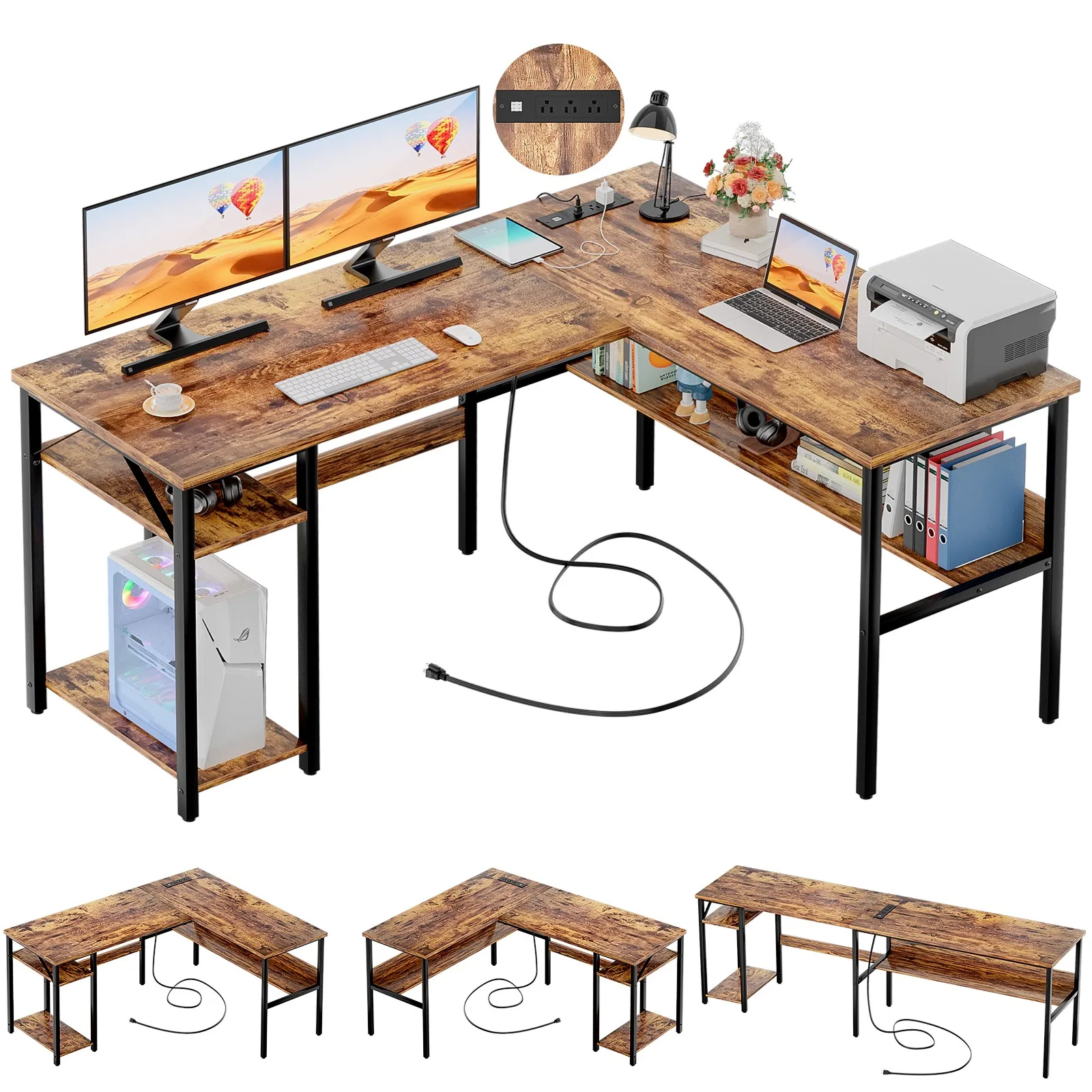 Computer desksL shaped desk with power outlets and storage shelf computer desk for gaming study home office workspace modern