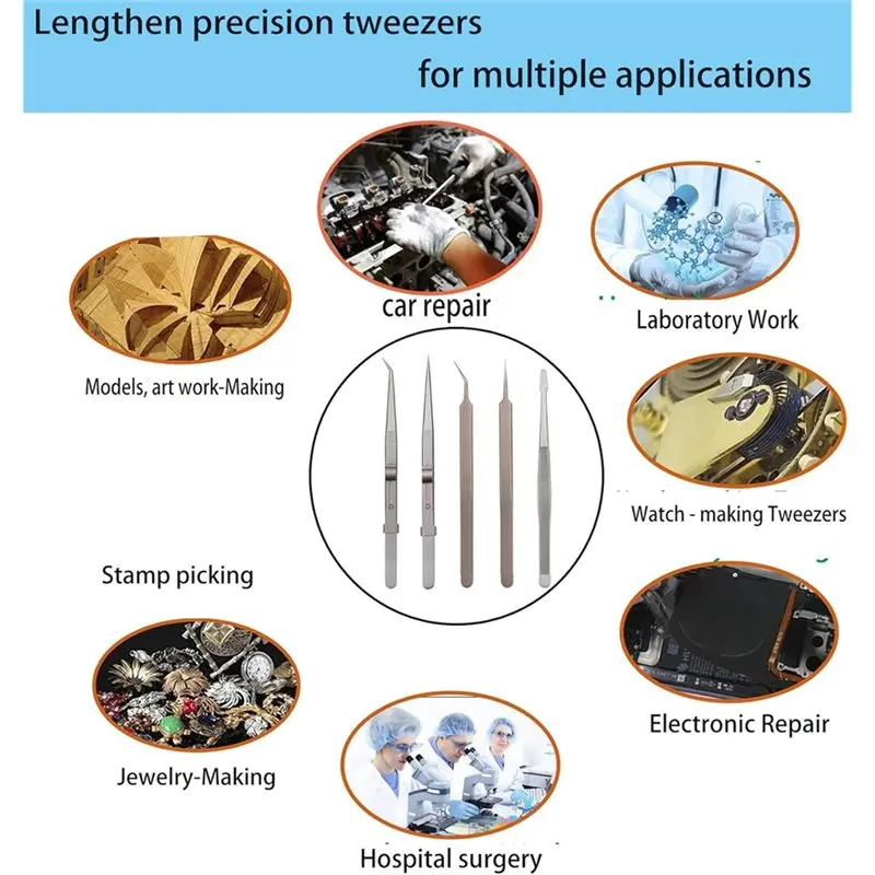 【LAST CHANCE】Anti-Static Stainless Steel 5Pcs Long Tweezers Set Kit For Electronics, Laboratory Work,Jewelry-Making, Craft