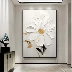 Abstract White Flower Oil Painting On Canvas,Textured Flowers Painting,Living Room Wall Decor Art Print Pictures Wall Art Poster