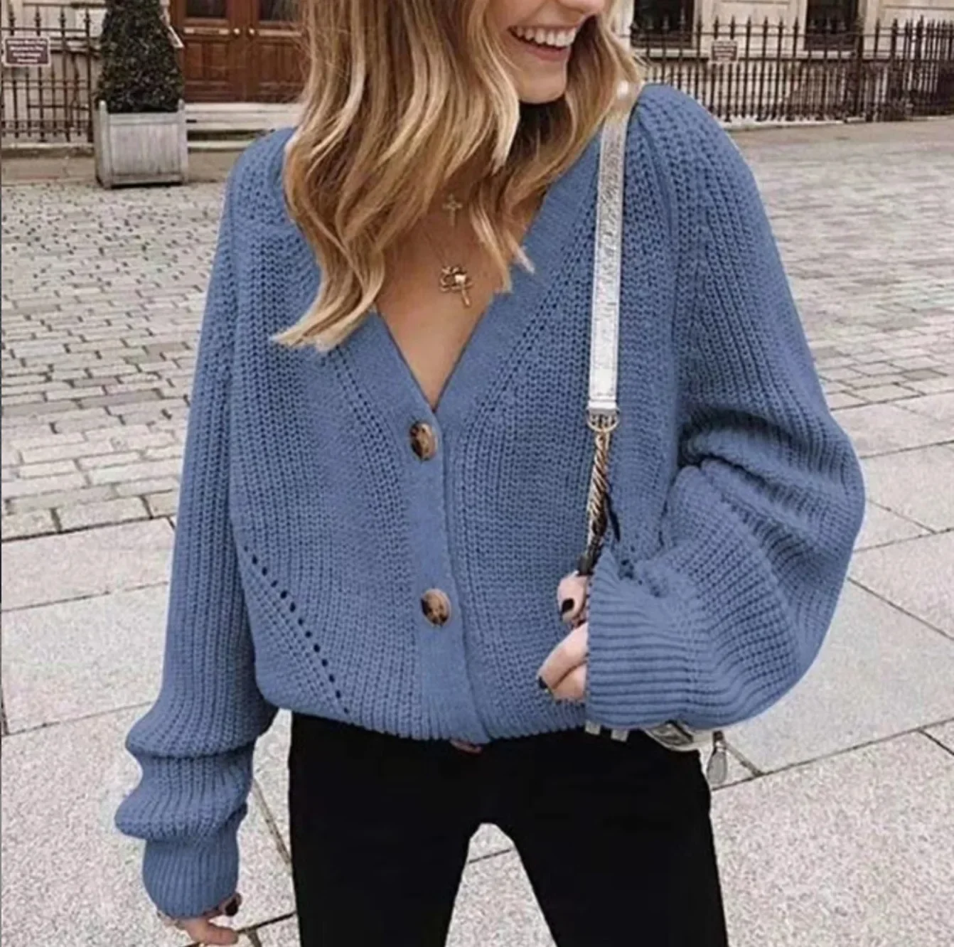 Women's New Autumn and Winter Fashion Solid Color V-neck Single-row Button Cardigan, Long-sleeved Loose Knit Sweater Coat Y2k