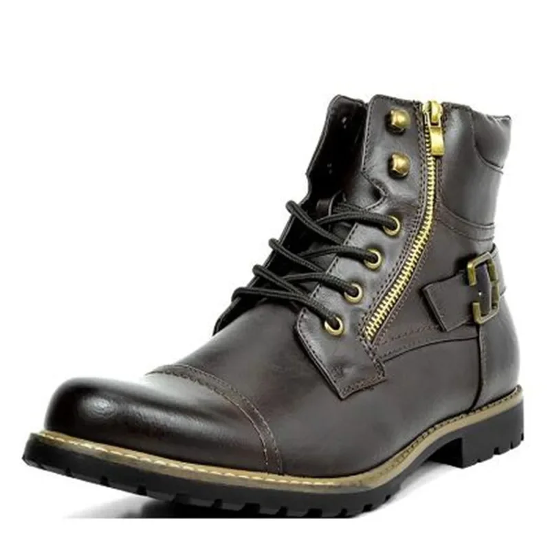 Fashion Men Boots Leather Round Toe Grid Pattern Square Heel Males Shoes Exquisite Leisure Design Men Motorcycle Boot Size 38-48 image 2