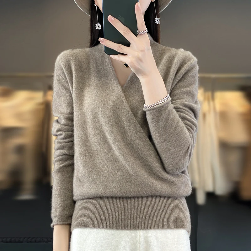 2024 new 100% pure wool women\'s V-neck knitted bottoming shirt blouse explosion cashmere sweater in autumn and winter