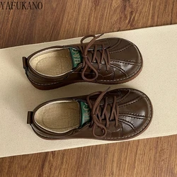 Mori Girl Retro Pleated Sewing Details Thick Sole Shoes Lace-up British Style Casual Small Leather Shoes Student Wide Toe Shoes