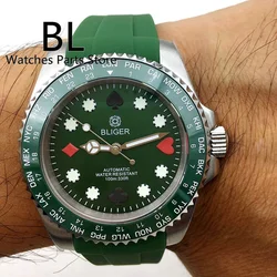 BLIGER New 40mm Watch For Men NH35 Automatic Spphire Glass World City Name Bezel Poker Pattern Dial Green Luminous Rubber Strap