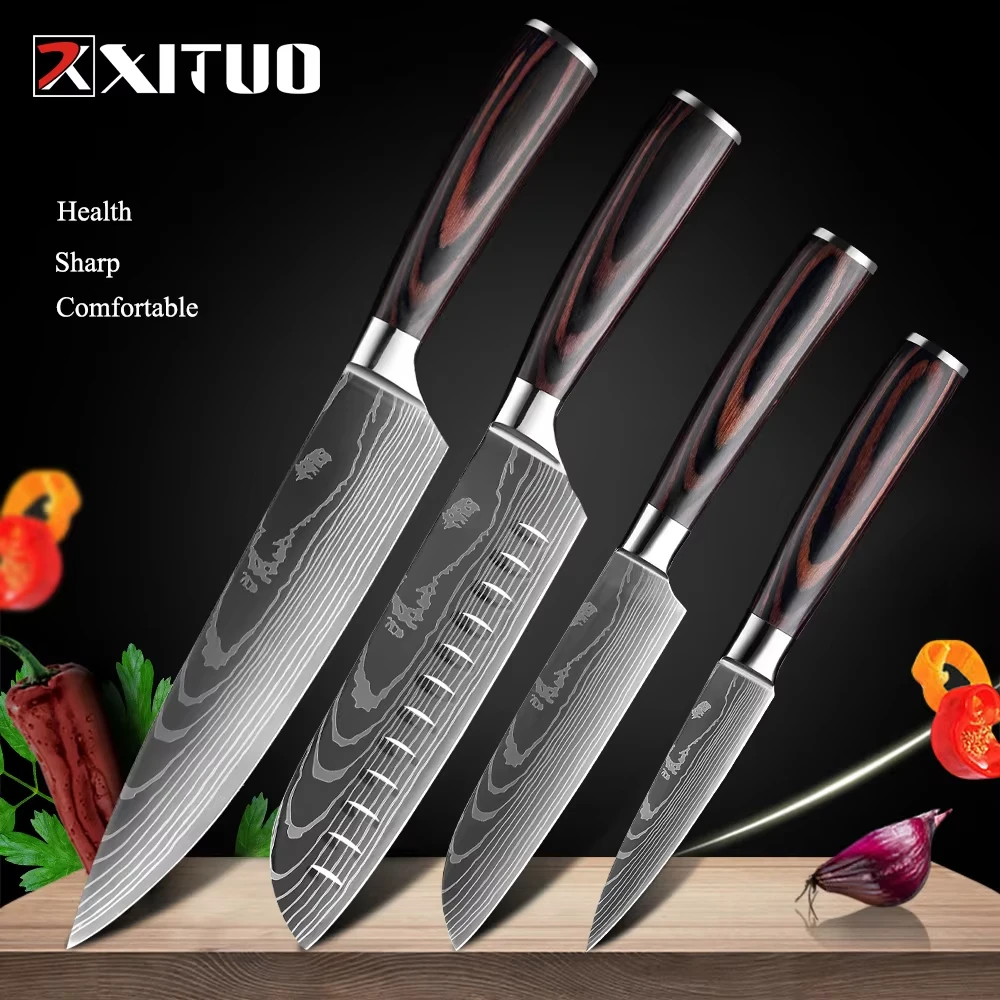 

XITUO Chef Knife 4Pcs Set Kitchen Knives Laser Damascus Pattern Sharp Japanese Santoku Knife Cleaver Slicing Utility Knife