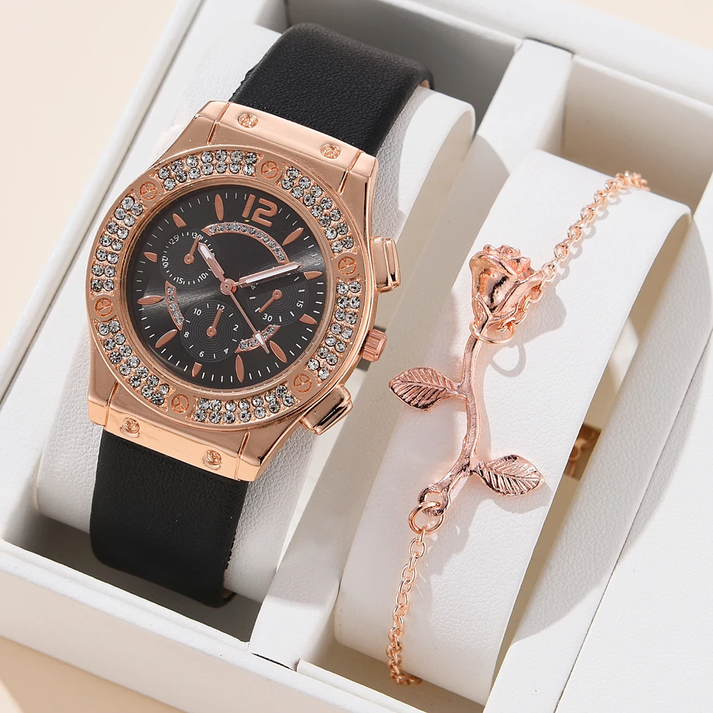 2 piezas para mujer, reloj de pulsera de aleación de oro rosa, elegante, de cuarzo