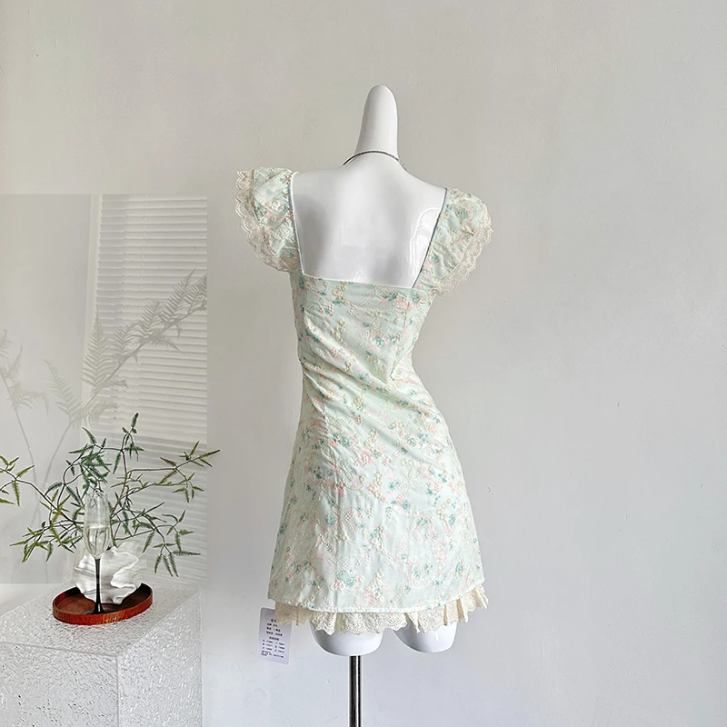 Sommer Floral Camis Kleid Koreanische Süße Square Neck Fliegen Sleeve EINE Linie Kleid Harajuku Kawaii Ärmellose Spitze Patchwork Vestidos