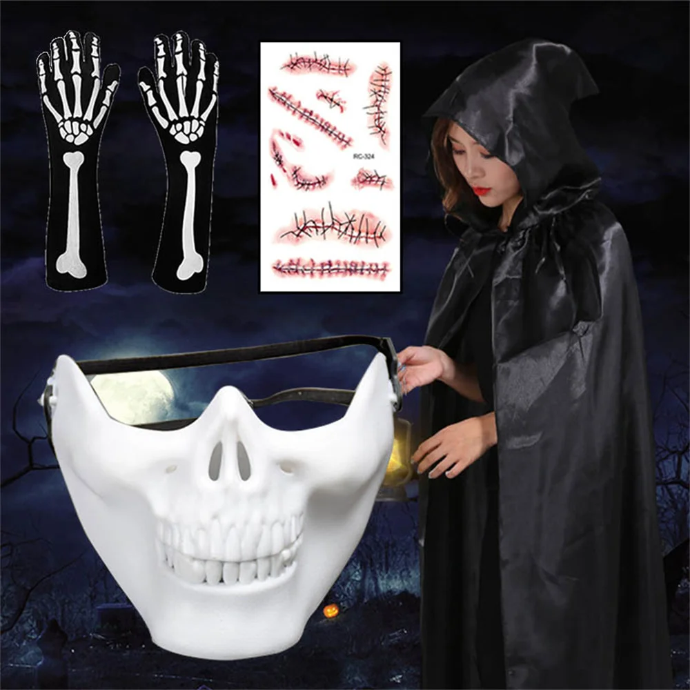 4pc/Set Unisex Cape with Hood Adult Halloween Costume Hooded Cloak Vampire Cosplay , Face Scar Temporary Tattoos Sticker Paper